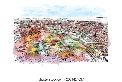 Building view with landmark of Karlsruhe is the 
city in Germany. Watercolor splash with hand drawn sketch illustration in vector.