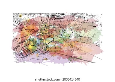 Building view with landmark of Karlsruhe is the 
city in Germany. Watercolor splash with hand drawn sketch illustration in vector.
