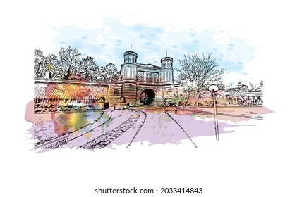 Building view with landmark of Karlsruhe is the 
city in Germany. Watercolor splash with hand drawn sketch illustration in vector.