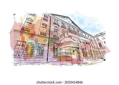 Building view with landmark of Karlsruhe is the 
city in Germany. Watercolor splash with hand drawn sketch illustration in vector.