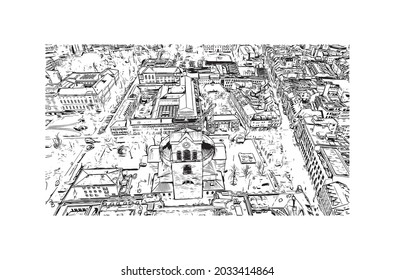 Building view with landmark of Karlsruhe is the 
city in Germany. Hand drawn sketch illustration in vector.