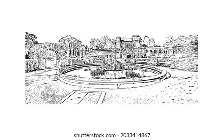 Building view with landmark of Karlsruhe is the 
city in Germany. Hand drawn sketch illustration in vector.