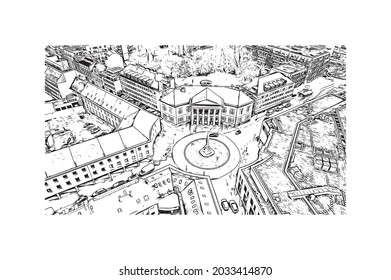 Building view with landmark of Karlsruhe is the 
city in Germany. Hand drawn sketch illustration in vector.