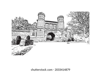 Building view with landmark of Karlsruhe is the 
city in Germany. Hand drawn sketch illustration in vector.