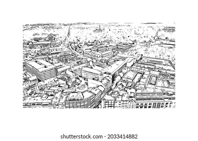 Building view with landmark of Karlsruhe is the 
city in Germany. Hand drawn sketch illustration in vector.