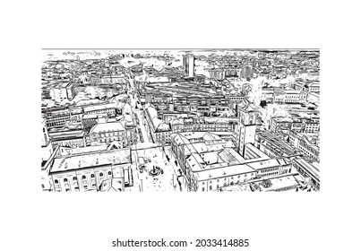 Building view with landmark of Karlsruhe is the 
city in Germany. Hand drawn sketch illustration in vector.