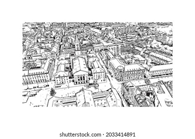 Building view with landmark of Karlsruhe is the 
city in Germany. Hand drawn sketch illustration in vector.