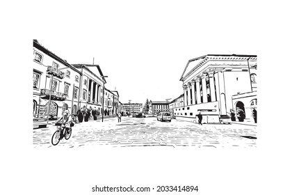 Building view with landmark of Karlsruhe is the 
city in Germany. Hand drawn sketch illustration in vector.