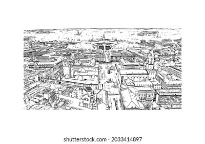 Building view with landmark of Karlsruhe is the 
city in Germany. Hand drawn sketch illustration in vector.