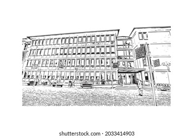 Building view with landmark of Karlsruhe is the 
city in Germany. Hand drawn sketch illustration in vector.