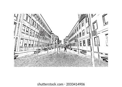Building view with landmark of Karlsruhe is the 
city in Germany. Hand drawn sketch illustration in vector.