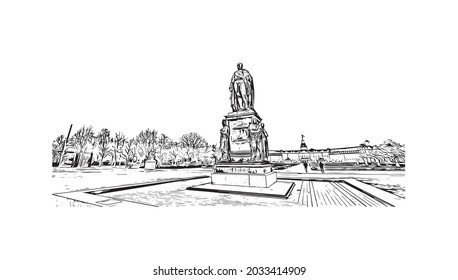 Building view with landmark of Karlsruhe is the 
city in Germany. Hand drawn sketch illustration in vector.