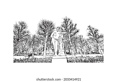 Building view with landmark of Karlsruhe is the 
city in Germany. Hand drawn sketch illustration in vector.