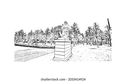 Building view with landmark of Karlsruhe is the 
city in Germany. Hand drawn sketch illustration in vector.