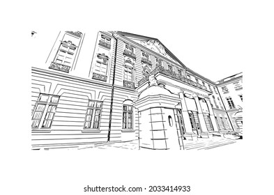 Building view with landmark of Karlsruhe is the 
city in Germany. Hand drawn sketch illustration in vector.