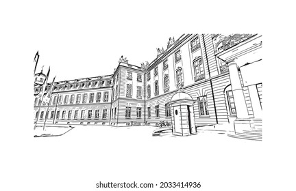 Building view with landmark of Karlsruhe is the 
city in Germany. Hand drawn sketch illustration in vector.