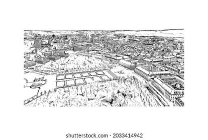 Building view with landmark of Karlsruhe is the 
city in Germany. Hand drawn sketch illustration in vector.