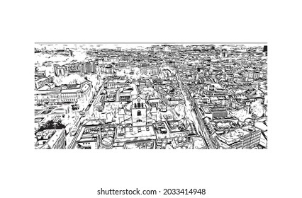 Building view with landmark of Karlsruhe is the 
city in Germany. Hand drawn sketch illustration in vector.