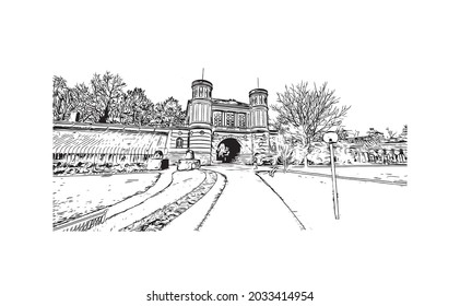 Building view with landmark of Karlsruhe is the 
city in Germany. Hand drawn sketch illustration in vector.