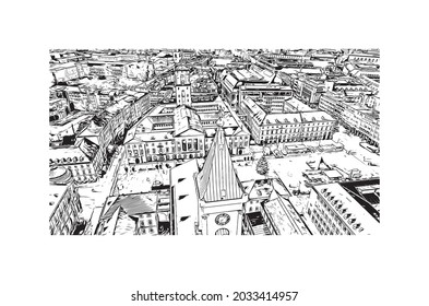 Building view with landmark of Karlsruhe is the 
city in Germany. Hand drawn sketch illustration in vector.