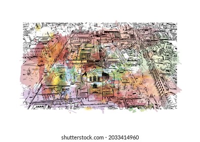 Building view with landmark of Karlsruhe is the 
city in Germany. Watercolor splash with hand drawn sketch illustration in vector.