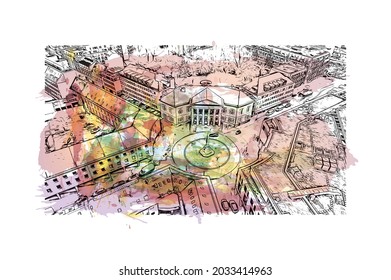 Building view with landmark of Karlsruhe is the 
city in Germany. Watercolor splash with hand drawn sketch illustration in vector.