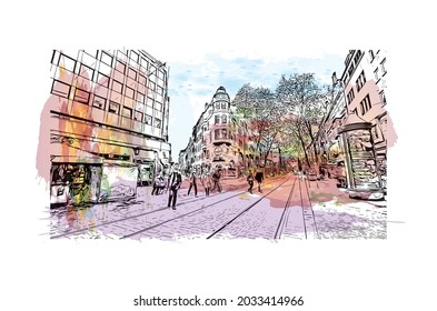 Building view with landmark of Karlsruhe is the 
city in Germany. Watercolor splash with hand drawn sketch illustration in vector.