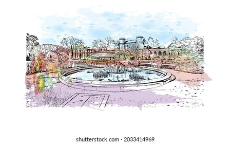 Building view with landmark of Karlsruhe is the 
city in Germany. Watercolor splash with hand drawn sketch illustration in vector.