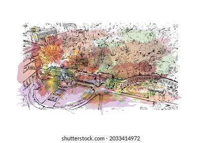 Building view with landmark of Karlsruhe is the 
city in Germany. Watercolor splash with hand drawn sketch illustration in vector.
