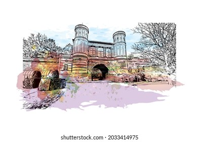 Building view with landmark of Karlsruhe is the 
city in Germany. Watercolor splash with hand drawn sketch illustration in vector.