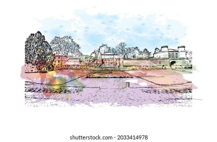 Building view with landmark of Karlsruhe is the 
city in Germany. Watercolor splash with hand drawn sketch illustration in vector.