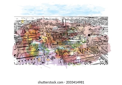Building view with landmark of Karlsruhe is the 
city in Germany. Watercolor splash with hand drawn sketch illustration in vector.