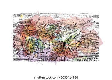 Building view with landmark of Karlsruhe is the 
city in Germany. Watercolor splash with hand drawn sketch illustration in vector.