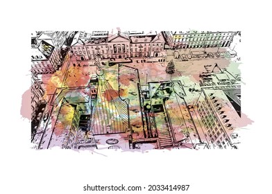 Building view with landmark of Karlsruhe is the 
city in Germany. Watercolor splash with hand drawn sketch illustration in vector.