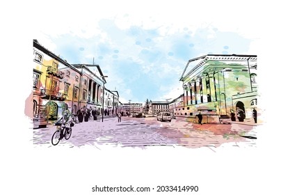Building view with landmark of Karlsruhe is the 
city in Germany. Watercolor splash with hand drawn sketch illustration in vector.