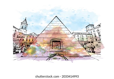 Building view with landmark of Karlsruhe is the 
city in Germany. Watercolor splash with hand drawn sketch illustration in vector.