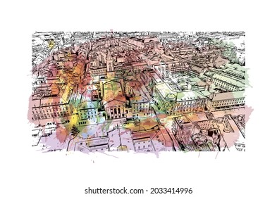 Building view with landmark of Karlsruhe is the 
city in Germany. Watercolor splash with hand drawn sketch illustration in vector.