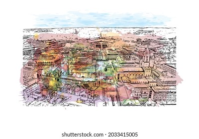 Building view with landmark of Karlsruhe is the 
city in Germany. Watercolor splash with hand drawn sketch illustration in vector.