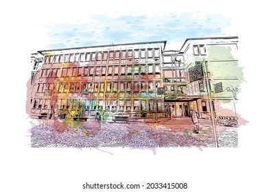Building view with landmark of Karlsruhe is the 
city in Germany. Watercolor splash with hand drawn sketch illustration in vector.