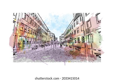 Building view with landmark of Karlsruhe is the 
city in Germany. Watercolor splash with hand drawn sketch illustration in vector.