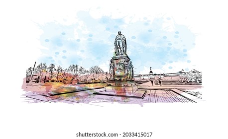 Building view with landmark of Karlsruhe is the 
city in Germany. Watercolor splash with hand drawn sketch illustration in vector.