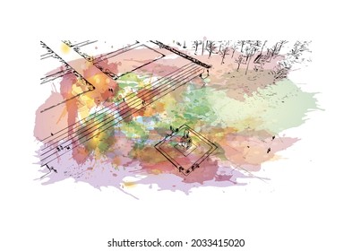 Building view with landmark of Karlsruhe is the 
city in Germany. Watercolor splash with hand drawn sketch illustration in vector.