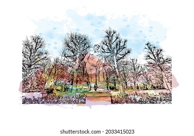 Building view with landmark of Karlsruhe is the 
city in Germany. Watercolor splash with hand drawn sketch illustration in vector.