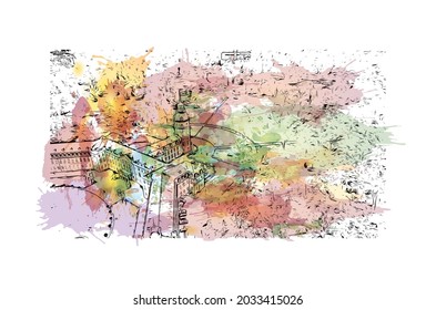 Building view with landmark of Karlsruhe is the 
city in Germany. Watercolor splash with hand drawn sketch illustration in vector.