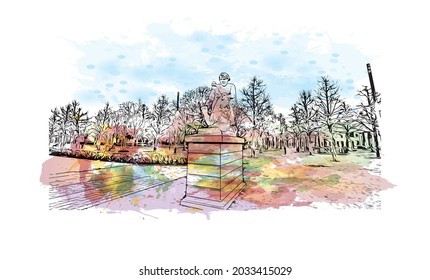 Building view with landmark of Karlsruhe is the 
city in Germany. Watercolor splash with hand drawn sketch illustration in vector.