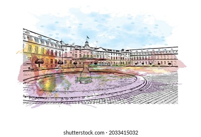 Building view with landmark of Karlsruhe is the 
city in Germany. Watercolor splash with hand drawn sketch illustration in vector.