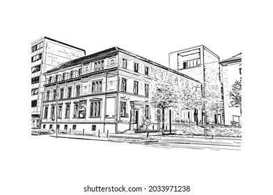 Building view with landmark of Kassel is a city in central Germany. Hand drawn sketch illustration in vector.