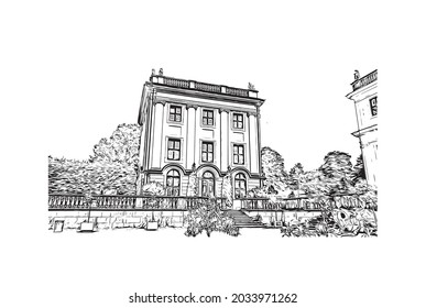 Building view with landmark of Kassel is a city in central Germany. Hand drawn sketch illustration in vector.
