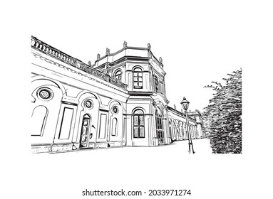 Building view with landmark of Kassel is a city in central Germany. Hand drawn sketch illustration in vector.