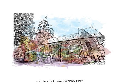 Building view with landmark of Kassel is a city in central Germany. Watercolor splash with hand drawn sketch illustration in vector.